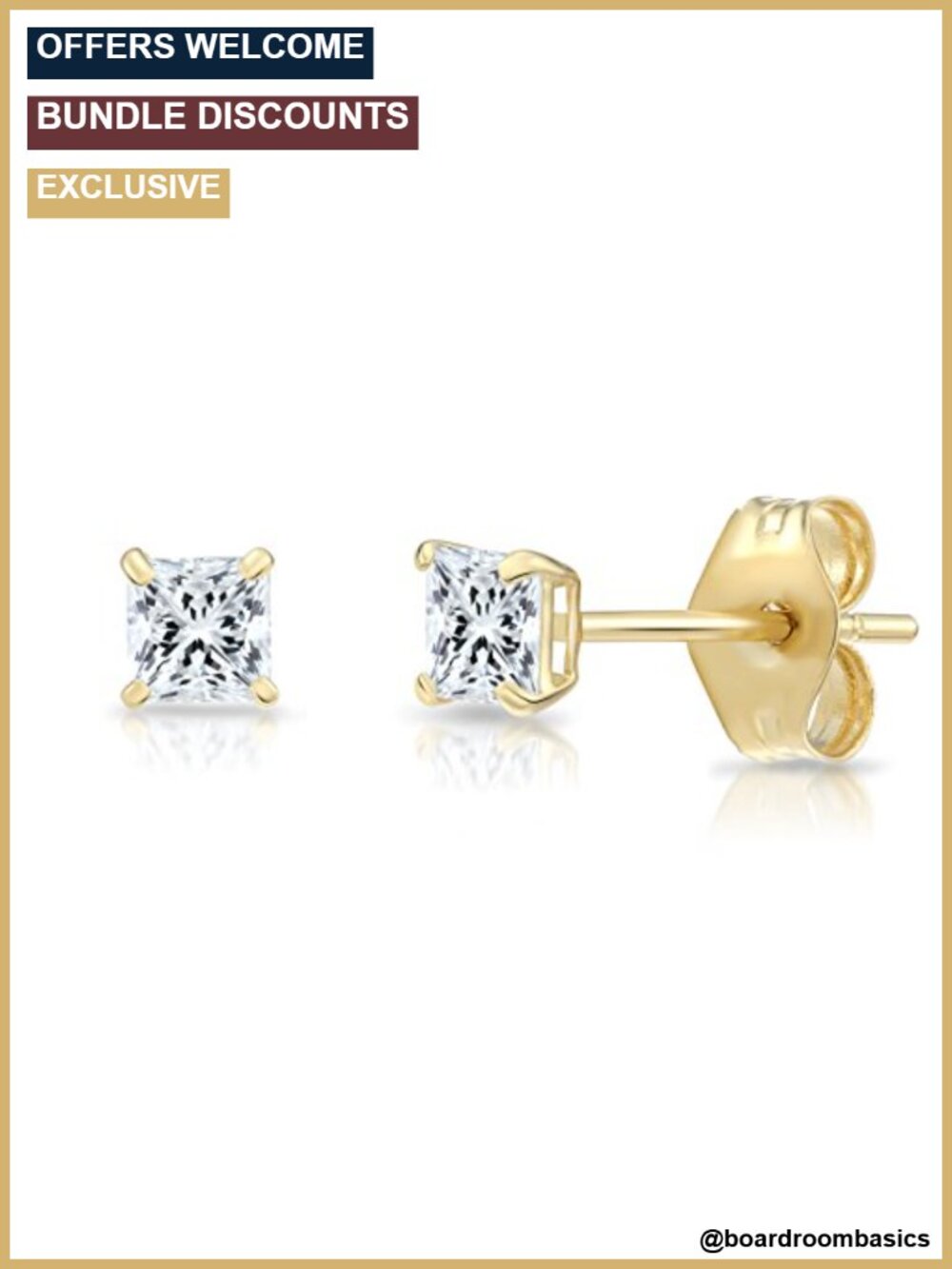 14k Solid Yellow Gold Square Stud Earrings Princess-Cut CZ Solitaire
